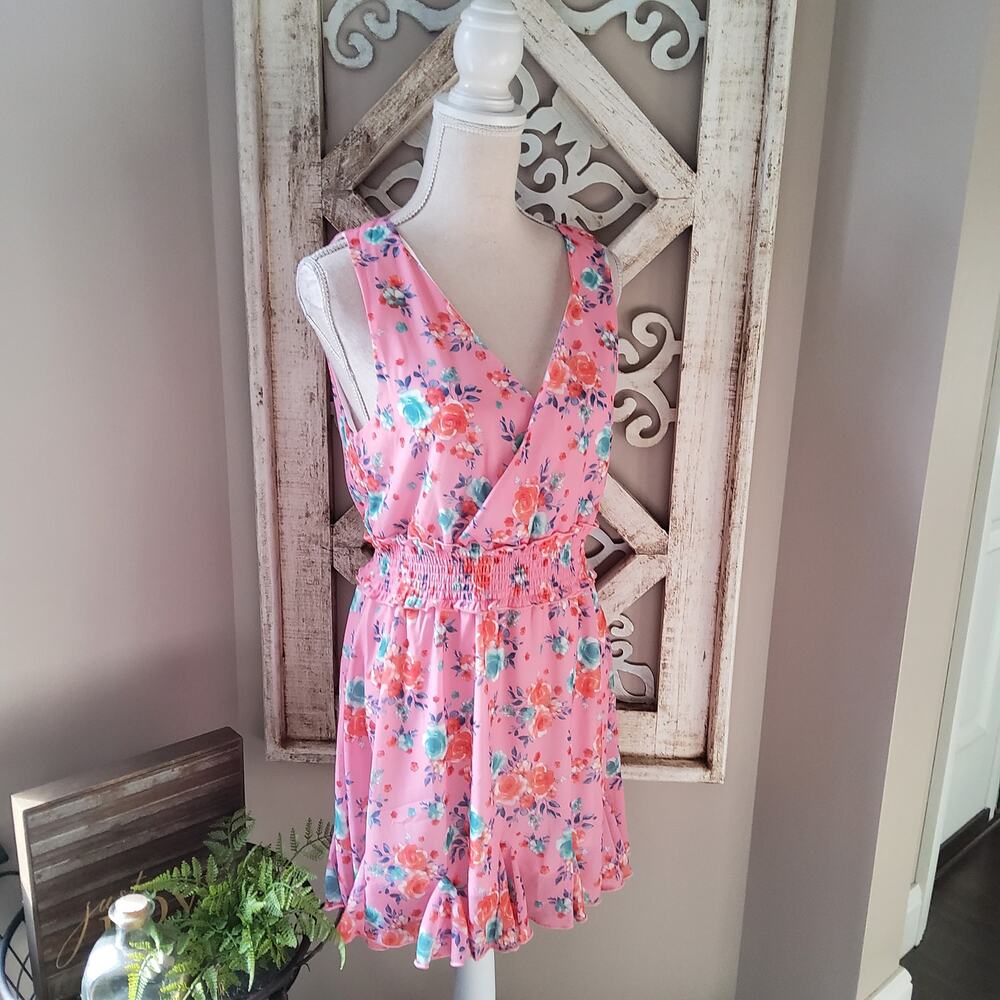 Peach Love Womens Sleeveless Surplice Cinched Smock Waist Mini Dress Floral Pink